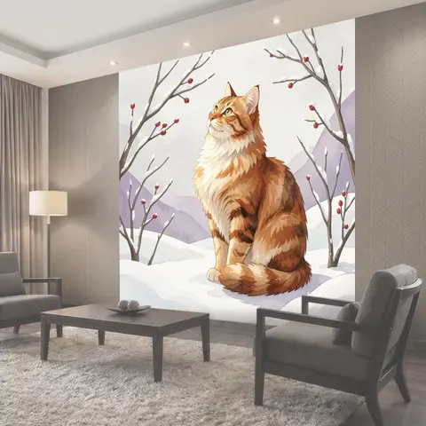 Фотообои Рыжий кот в зимнем саду