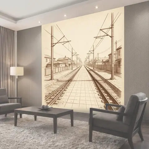 Фотообои Рельсовая линия среди домов