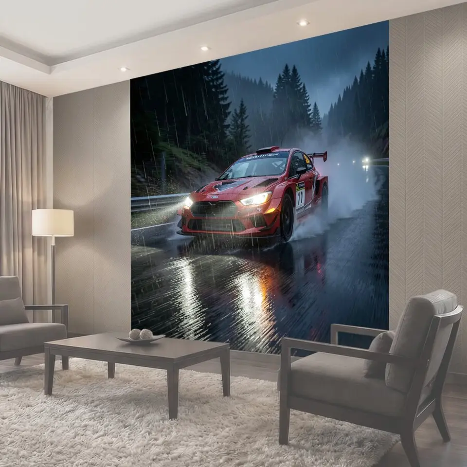 Фотообои Красный раллийный автомобиль в дожде