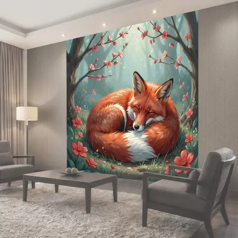 Фотообои Спящая лиса в цветущем лесу