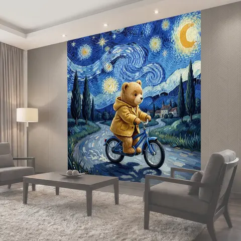 Фотообои Медвежонок на велосипеде ночью