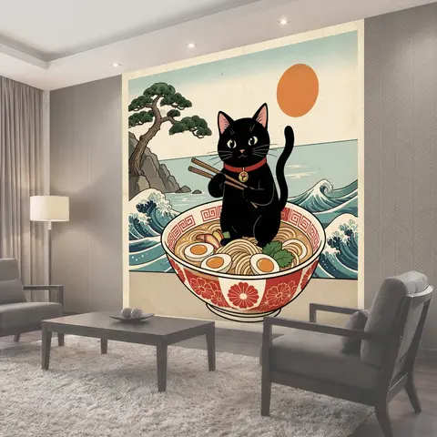 Фотообои Черный кот с лапшой у моря