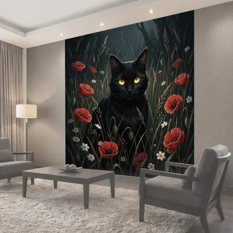 Фотообои Черный кот среди полевых цветов