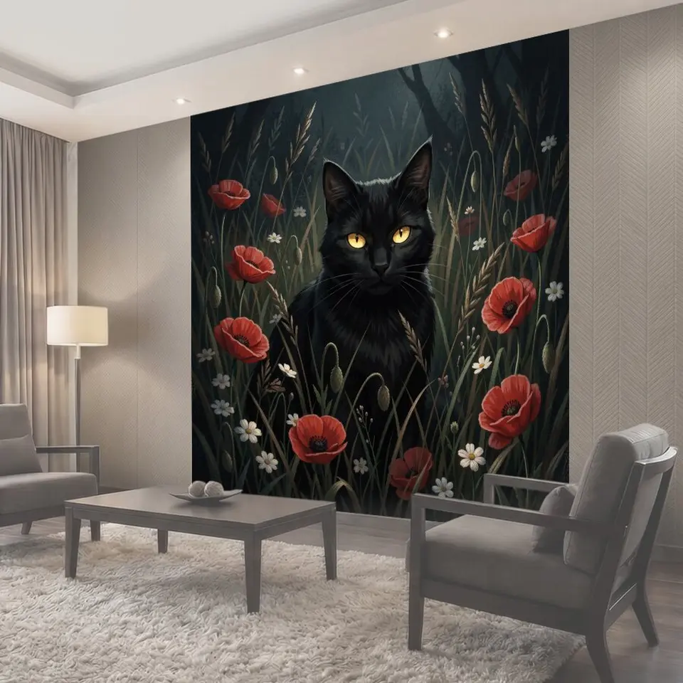 Фотообои Черный кот среди полевых цветов