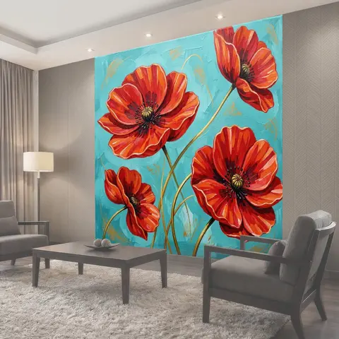 Фотообои Красные маки на бирюзовом фоне