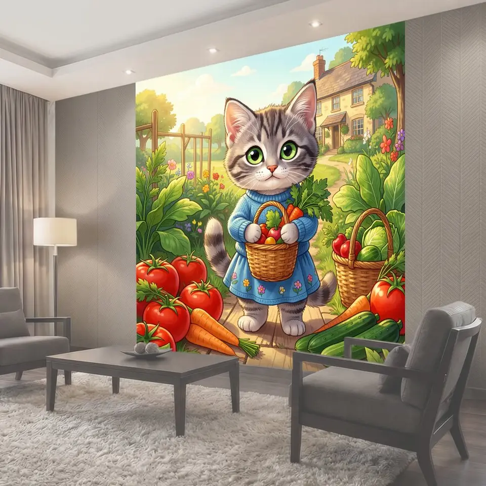 Фотообои Котенок с корзиной овощей
