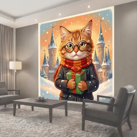 Фотообои Кот в очках с подарком