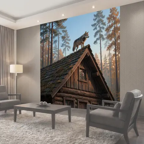 Фотообои Волк на крыше лесной избушки