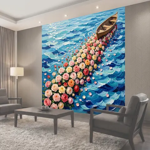 Фотообои Лодка на морских волнах с розами