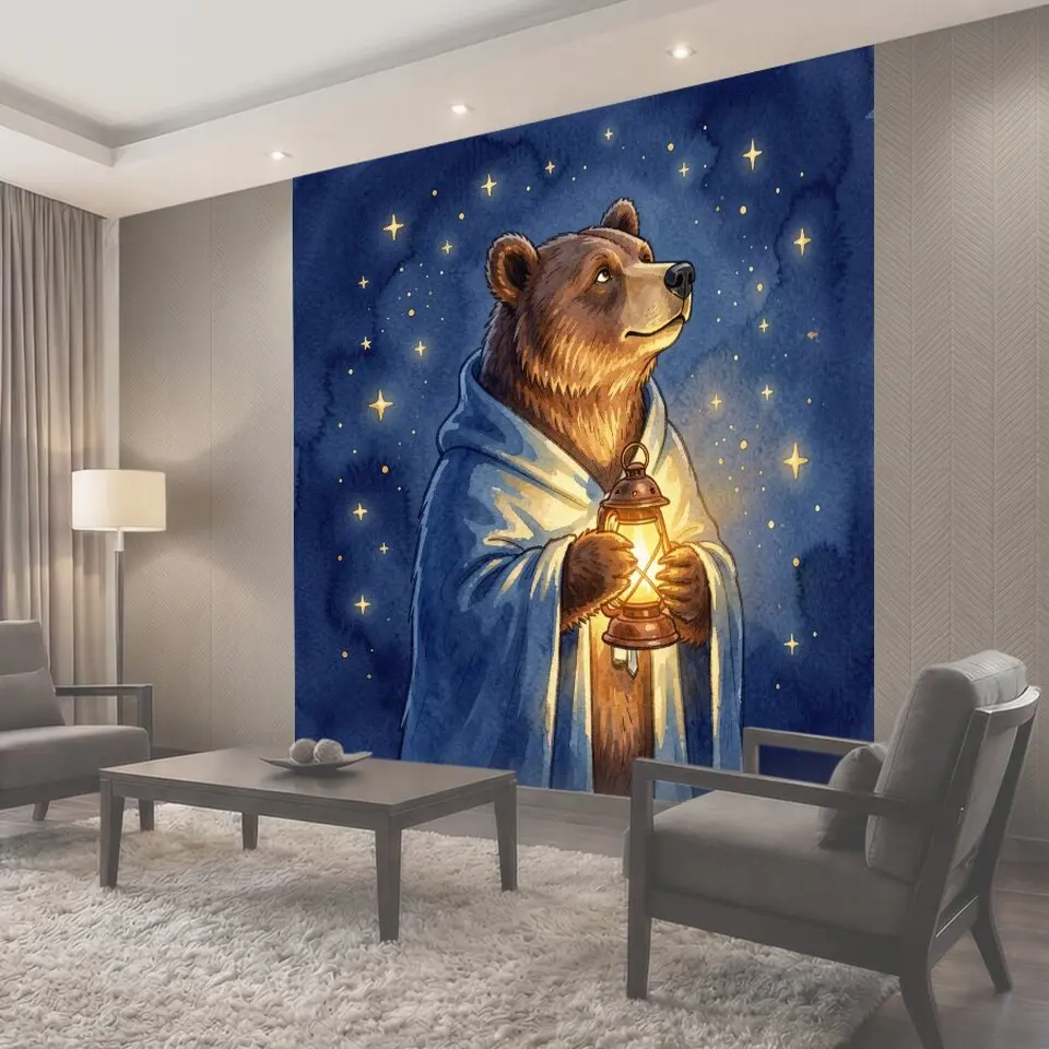 Фотообои Медведь с фонарём под звёздами