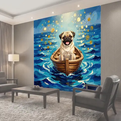 Фотообои Мопс в лодке на море