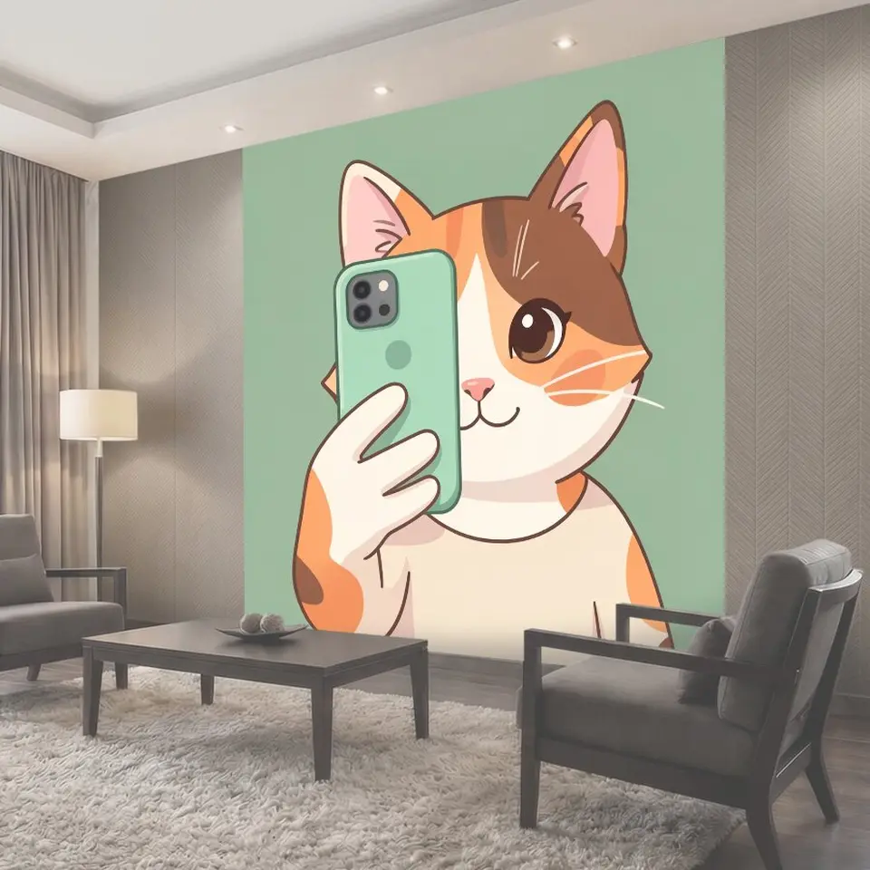 Фотообои Кошка с смартфоном в лапе