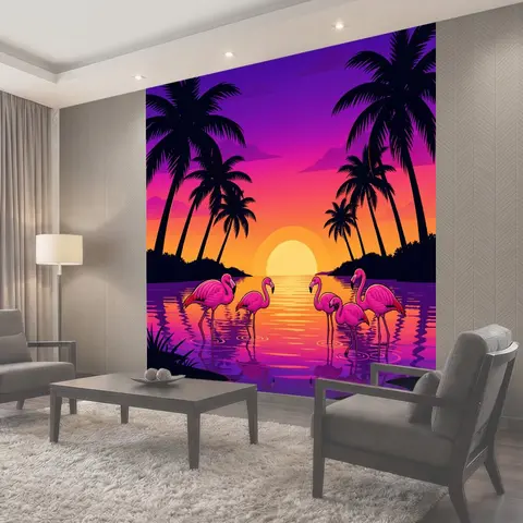 Фотообои Фламинго на неоновом закате