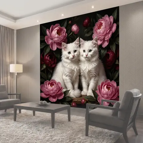 Фотообои Два белых котенка с пионами