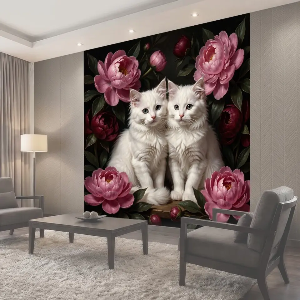 Фотообои Два белых котенка с пионами