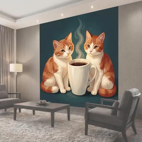 Фотообои Рыжие коты у чашки кофе