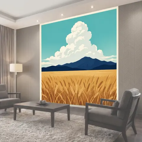 Фотообои Пшеничное поле и облака над горами