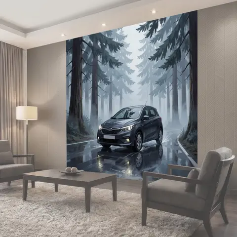 Фотообои Автомобиль на лесной дороге