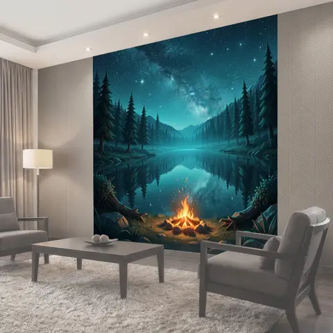 Фотообои Ночное озеро с костром и звездами