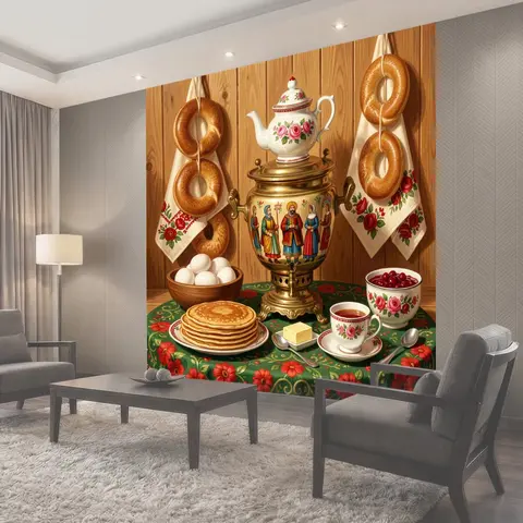 Фотообои Русский самовар с блинами и баранками