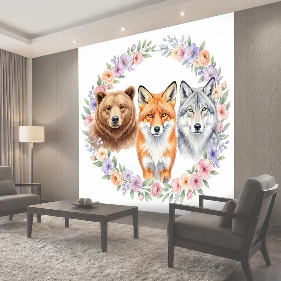 Фотообои Три лесных зверя в цветочном венке