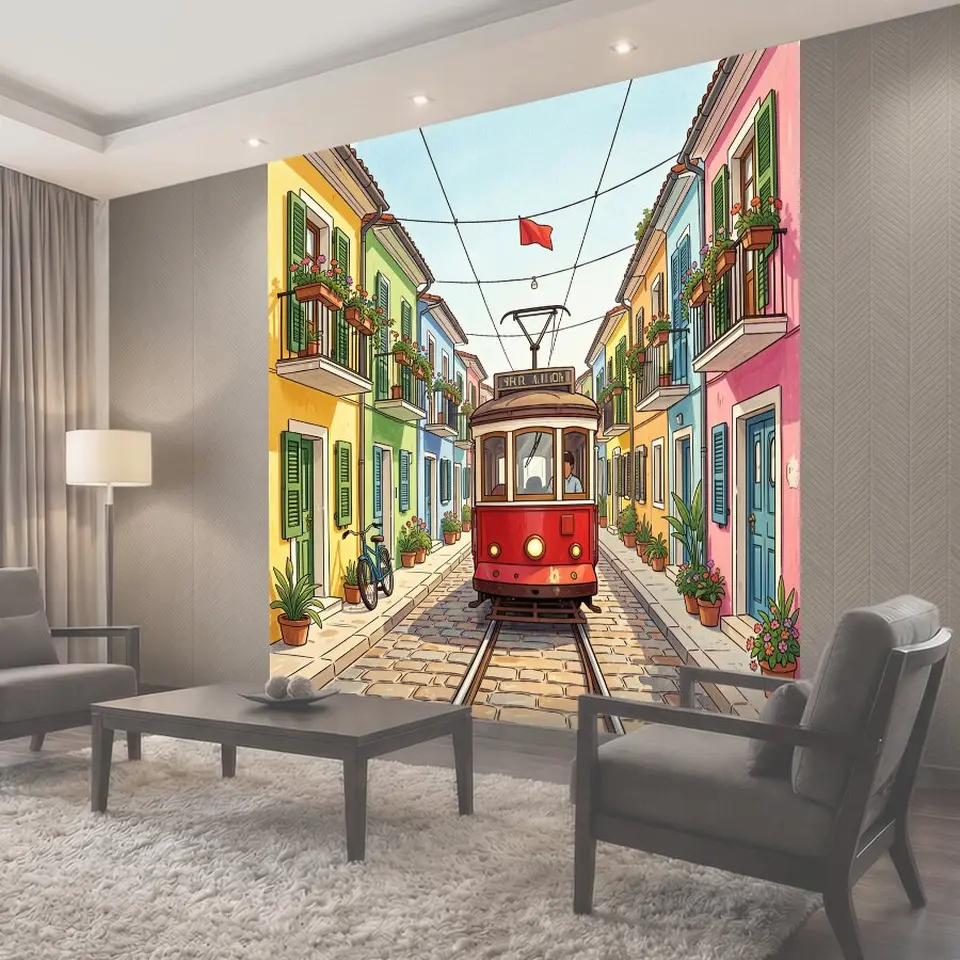 Фотообои Красный трамвай на яркой улице