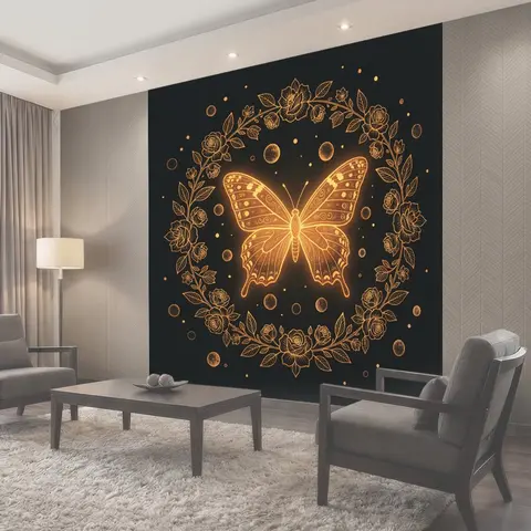 Фотообои Золотая бабочка в цветочном венке