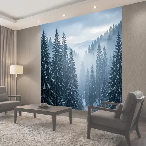 Фотообои Заснеженный хвойный лес в тумане