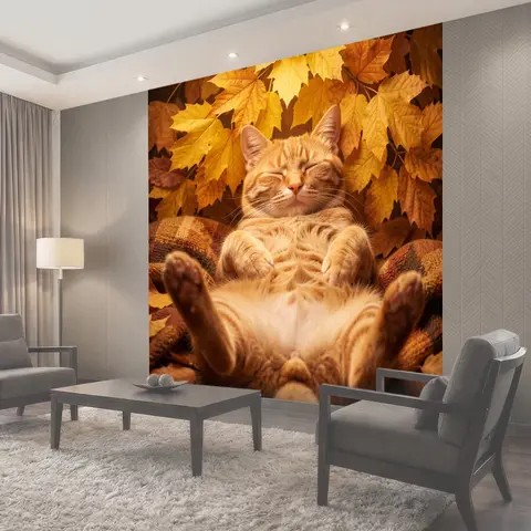Фотообои Рыжий кот среди осенних листьев