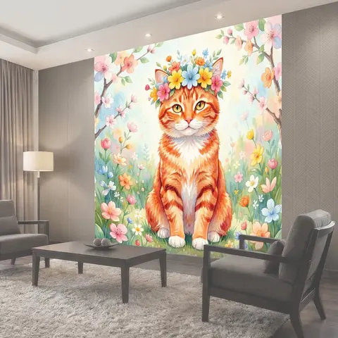 Фотообои Рыжий кот с цветочным венком