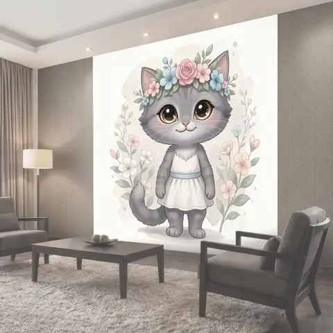 Фотообои Милый серый котенок с цветами
