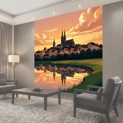 Фотообои Город на холме у реки на закате