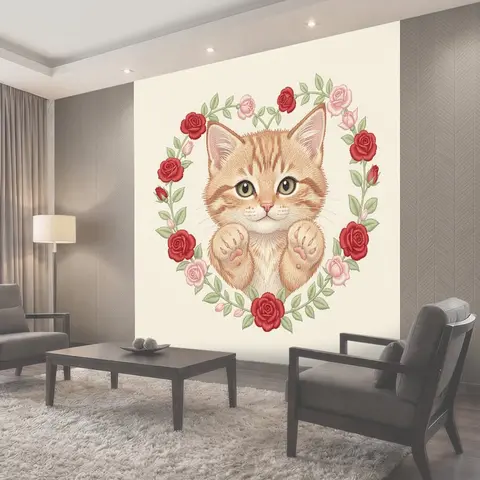 Фотообои Котик в венке из роз