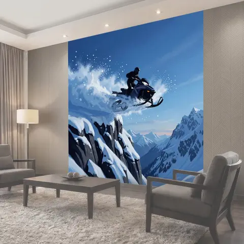Фотообои Снегоход в полёте над горами