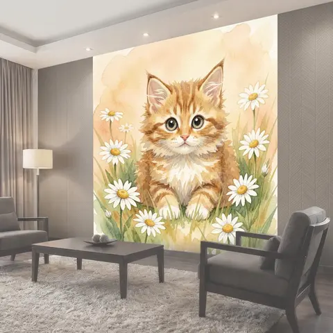 Фотообои Рыжий кот среди ромашек