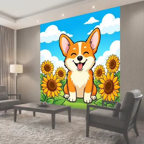 Фотообои Улыбающийся корги среди подсолнухов