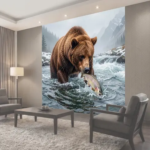 Фотообои Бурый медведь с рыбой в реке