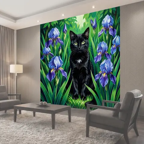 Фотообои Чёрный кот среди ирисов