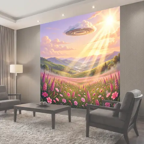 Фотообои Инопланетный корабль над цветущей долиной