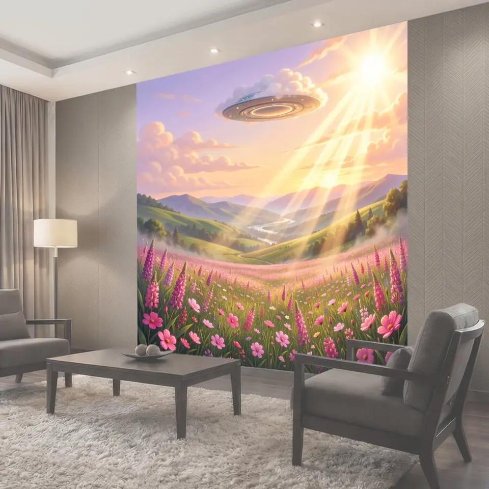 Фотообои Инопланетный корабль над цветущей долиной