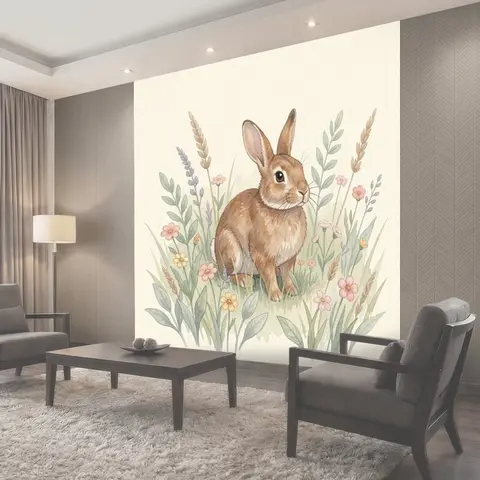 Фотообои Зайчик среди луговых цветов
