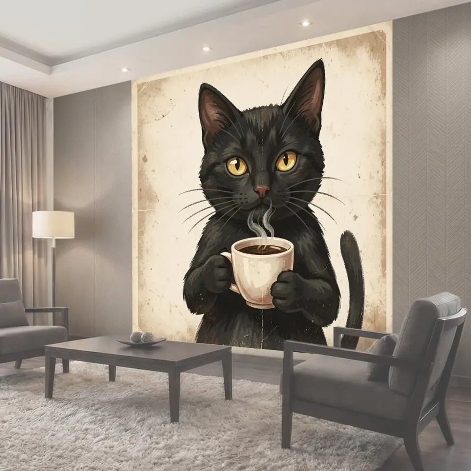 Фотообои Чёрный кот с чашкой кофе