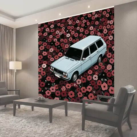 Фотообои Голубой ретро-автомобиль среди цветов