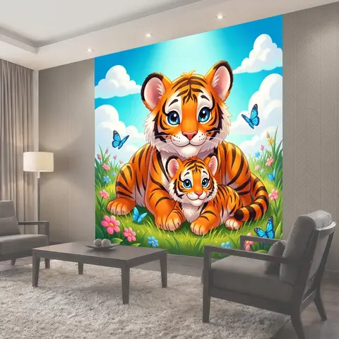 Фотообои Тигрица с тигрёнком на лугу