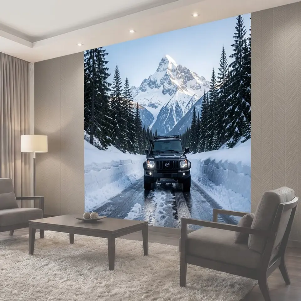 Фотообои Внедорожник в снежных горах