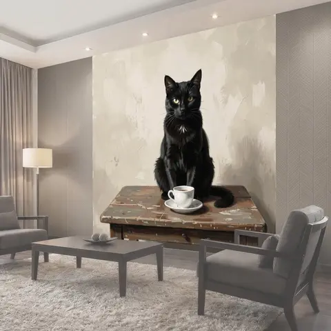 Фотообои Черный кот с чашкой кофе