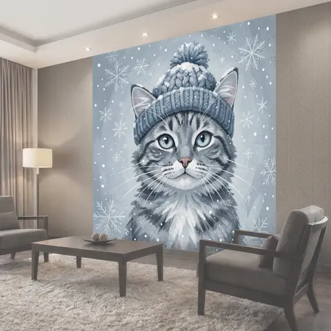 Фотообои Кот в меховой шапке с снежинками