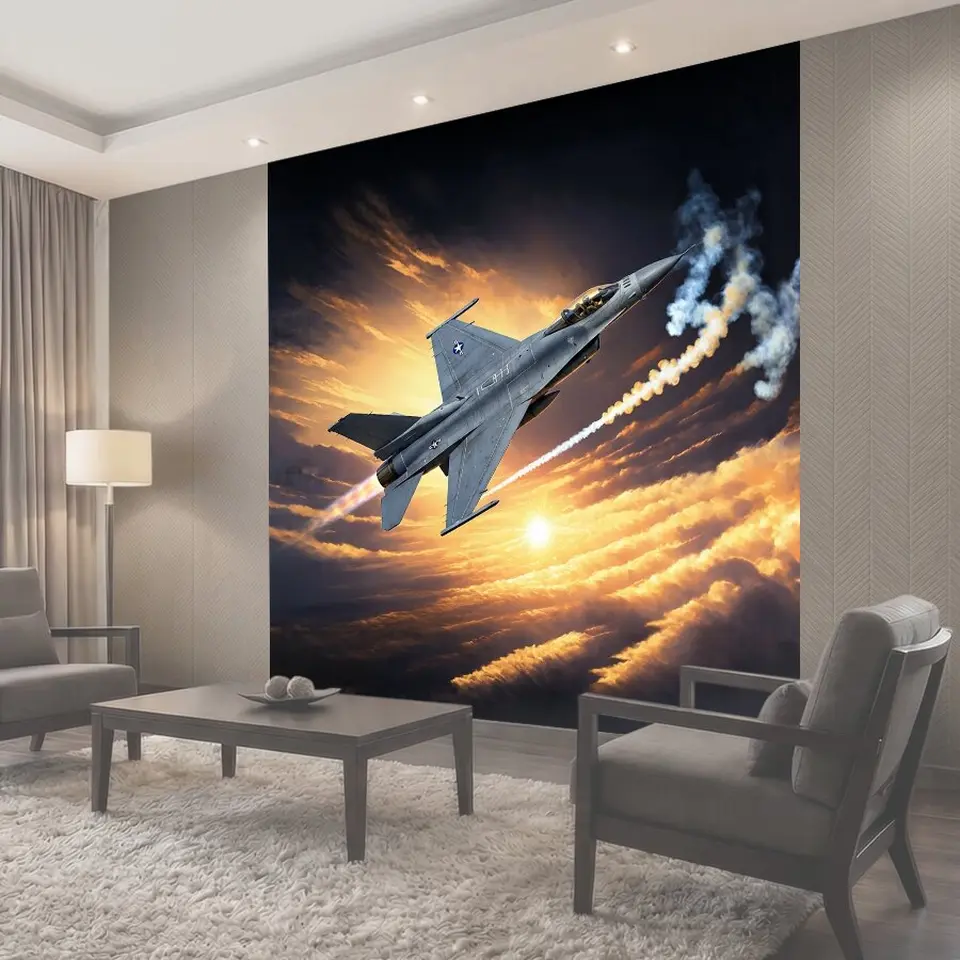 Фотообои Величественный военный истребитель пронзает облака, создавая мощную струю из дыма от своих двигателей