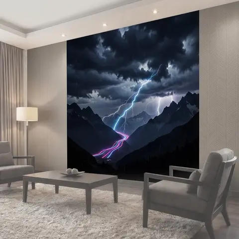 Фотообои Молнии над горным ущельем