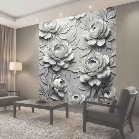 Фотообои Объемные белые цветы с листьями
